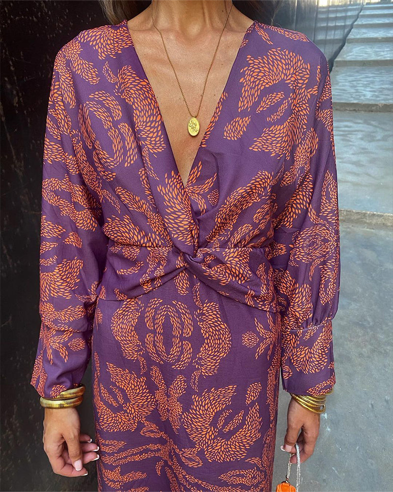 Elena Vintage Draped Long Sleeve Midi Dress