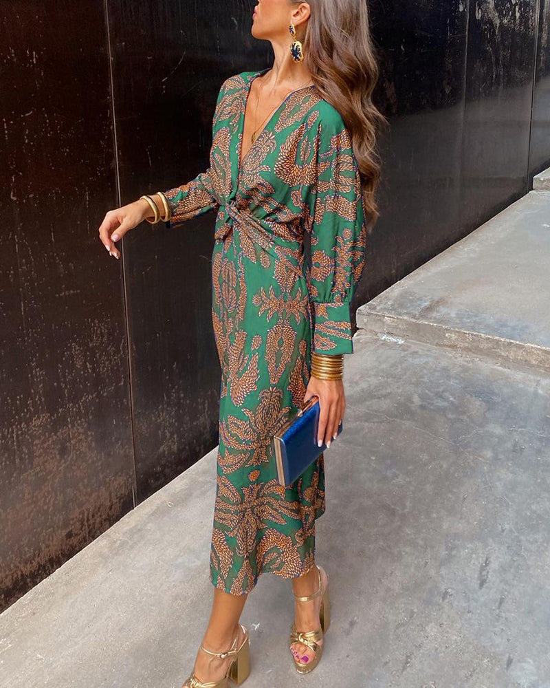 Elena Vintage Draped Long Sleeve Midi Dress