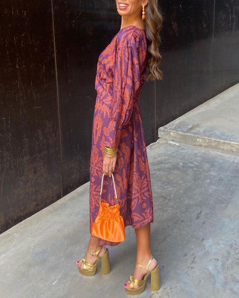 Elena Vintage Draped Long Sleeve Midi Dress