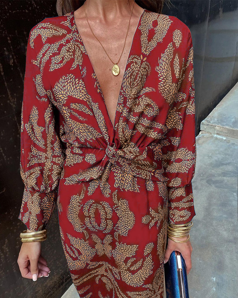 Elena Vintage Draped Long Sleeve Midi Dress