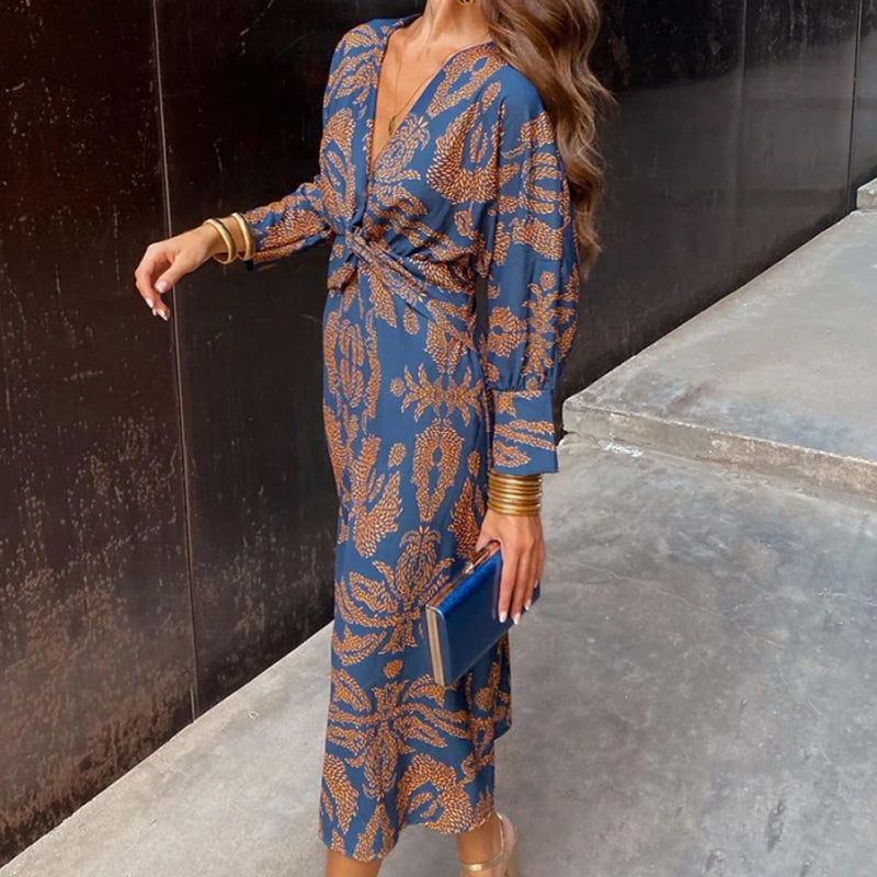 Elena Vintage Draped Long Sleeve Midi Dress