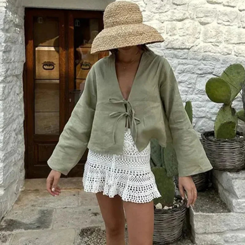 Sophia Deep V-Neck Sleeve Tied Top