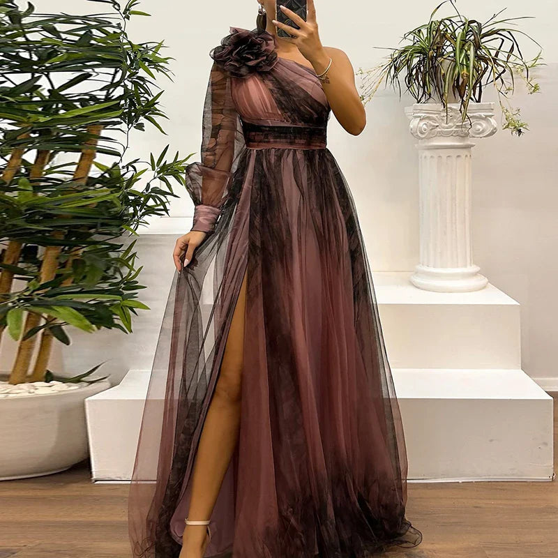 Layla Trendy One Shoulder Mesh Print Maxi Dress