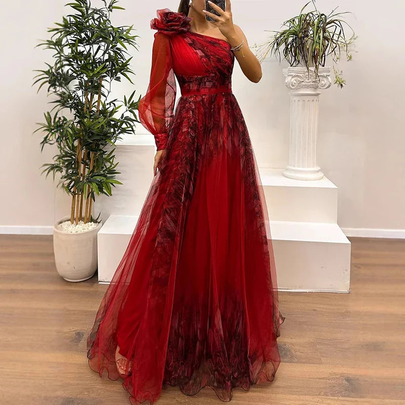 Layla Trendy One Shoulder Mesh Print Maxi Dress