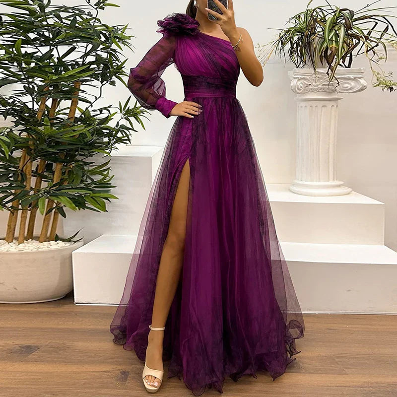 Layla Trendy One Shoulder Mesh Print Maxi Dress