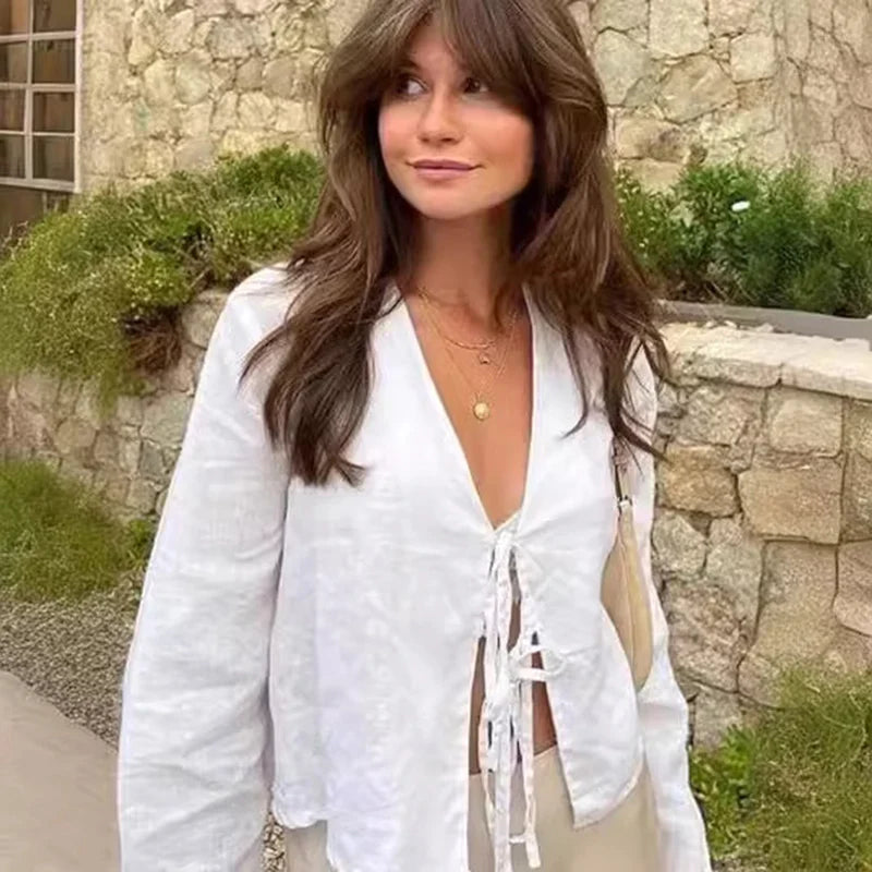 Sophia Deep V-Neck Sleeve Tied Top