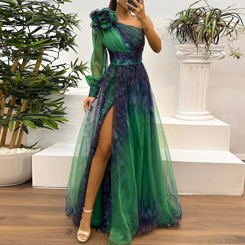 Layla Trendy One Shoulder Mesh Print Maxi Dress