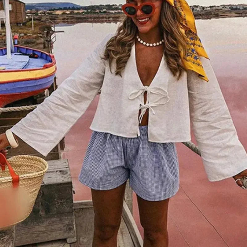 Sophia Deep V-Neck Sleeve Tied Top