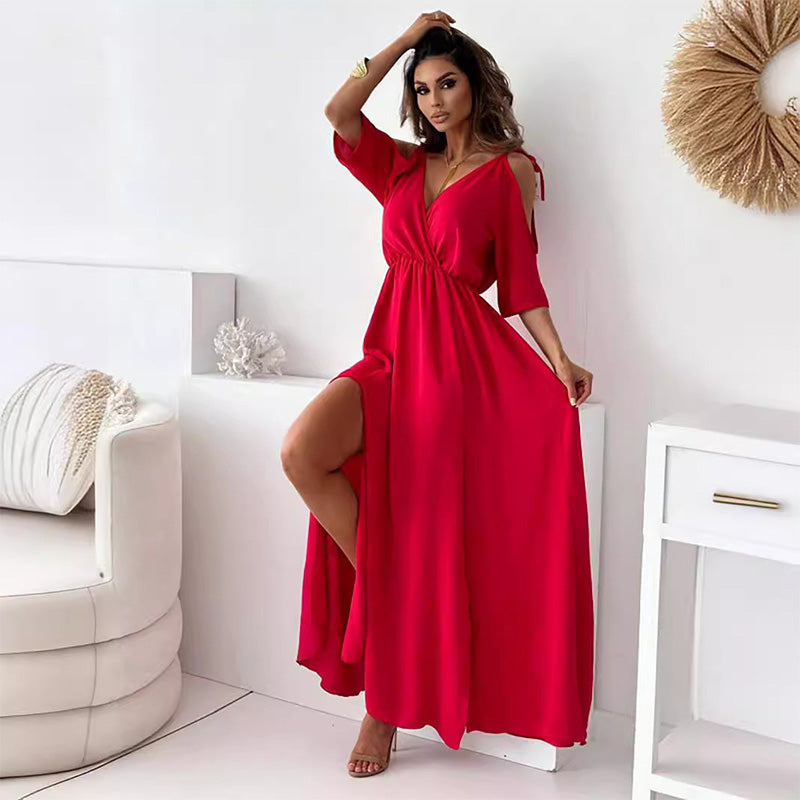 Ellie Trendy Slit Skirt V-Neck Maxi Dress